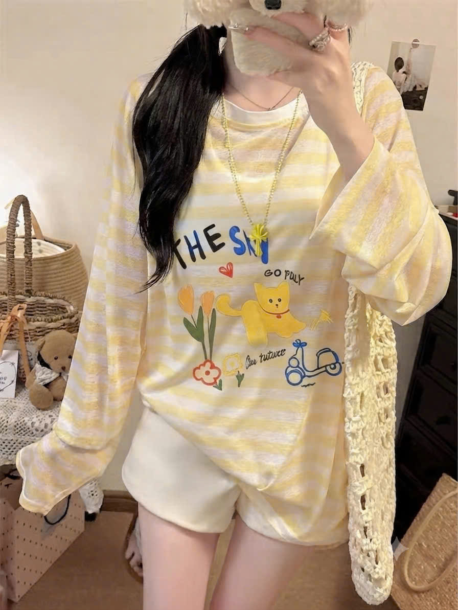GOM A664 - ÁO THUN GIẤY NỮ DÀI TAY KẺ NGANG