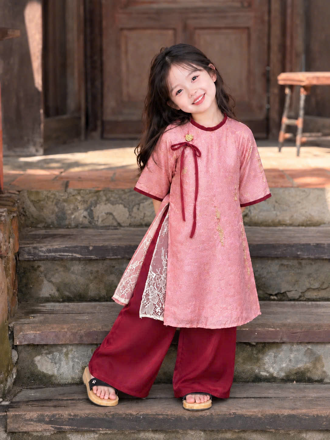 GOM A729 - ÁO DÀI HỒNG PHỐI REN /