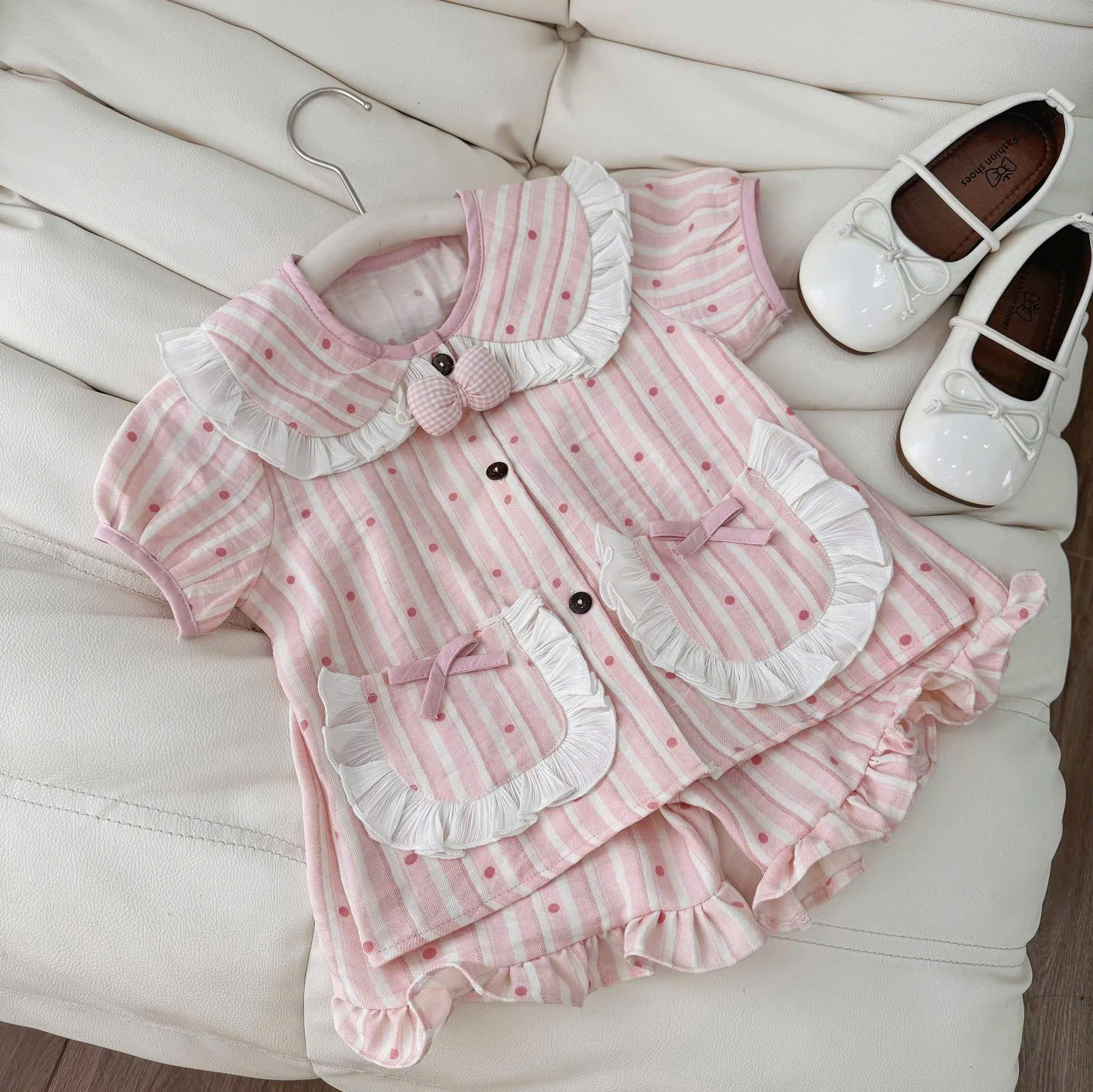 XẢ B103 - SET PIJAMA HỒNG KẺ CHẤM BI PHỐI BÈO