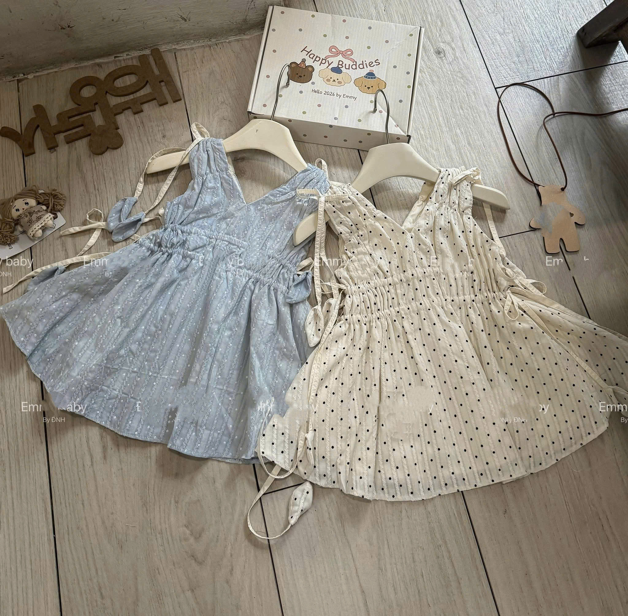 XẢ B389 - ÁO VÁY DÁNG BABYDOLL CHẤM BI 2 MÀU XANH BE