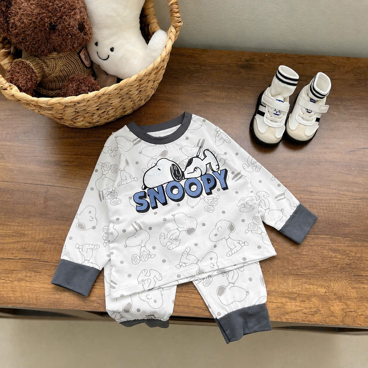 GOM B501 - SET 2 BỘ COTTON SNOOPY KẺ XANH TRẮNG GHI