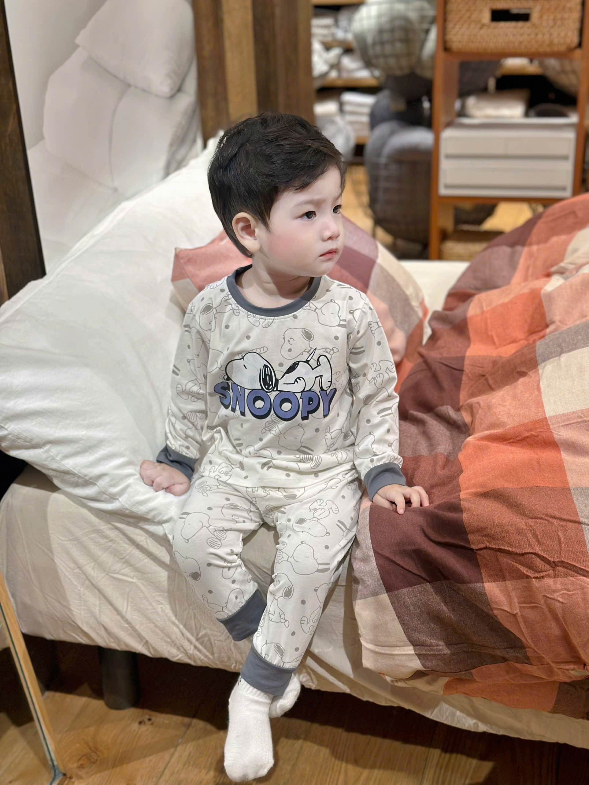 GOM B501 - SET 2 BỘ COTTON SNOOPY KẺ XANH TRẮNG GHI