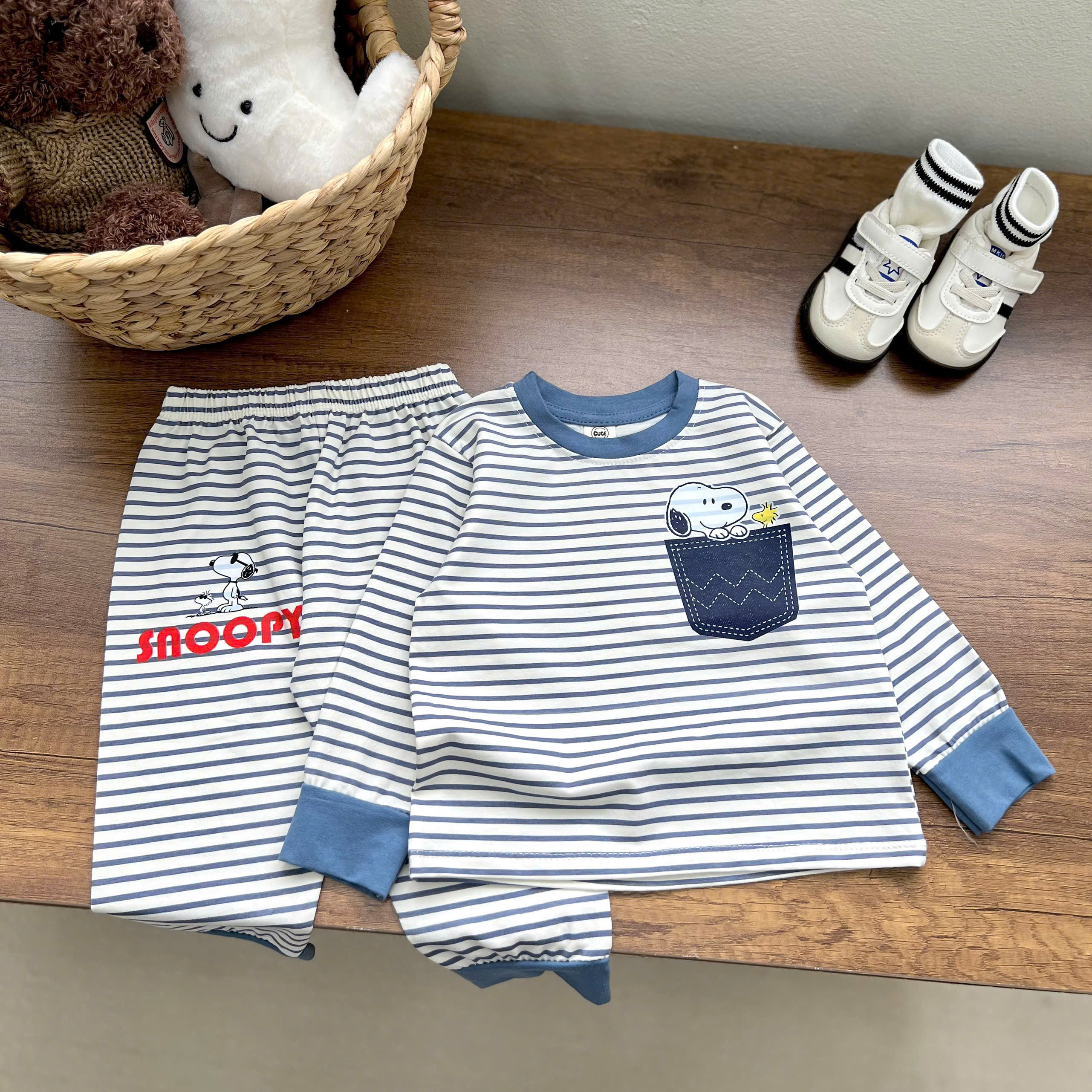 GOM B501 - SET 2 BỘ COTTON SNOOPY KẺ XANH TRẮNG GHI