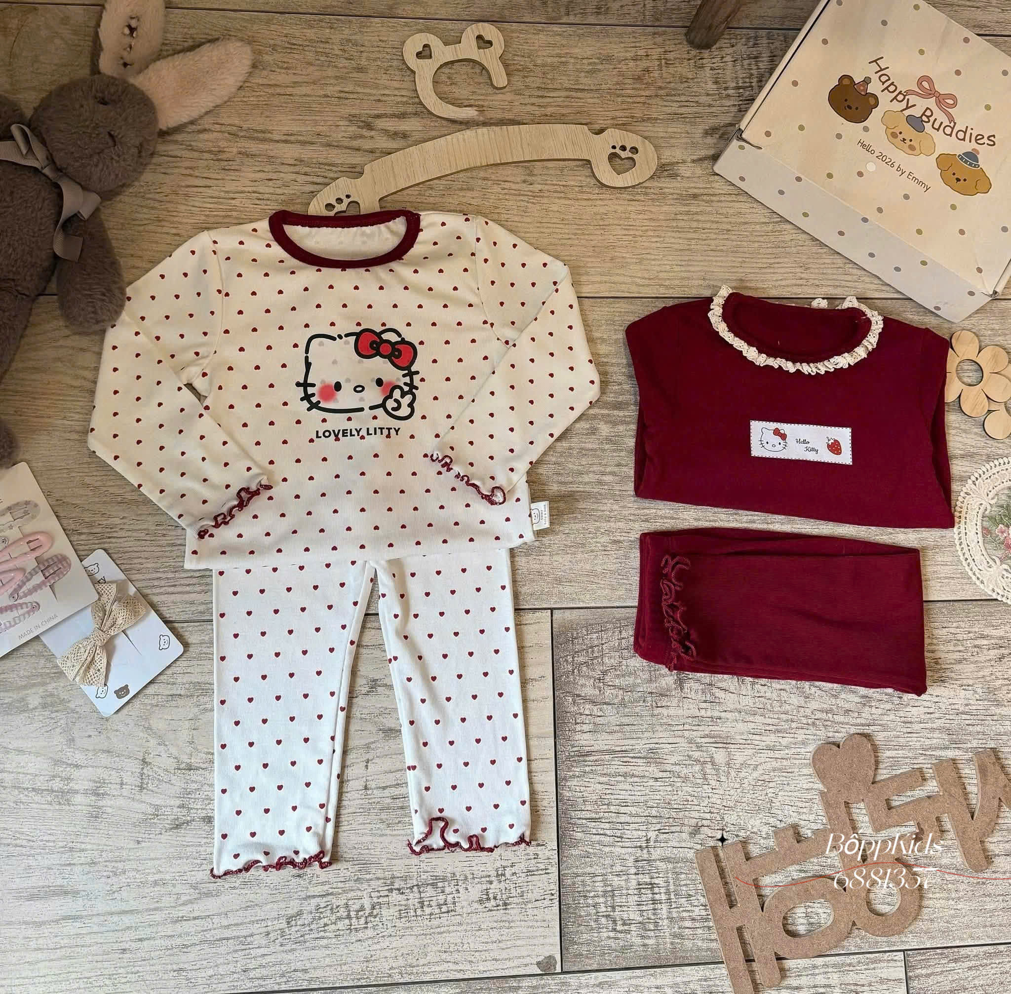 B562 - SET 2 BỘ ZÍP DÀI TAY KITTY ĐỎ TRẮNG