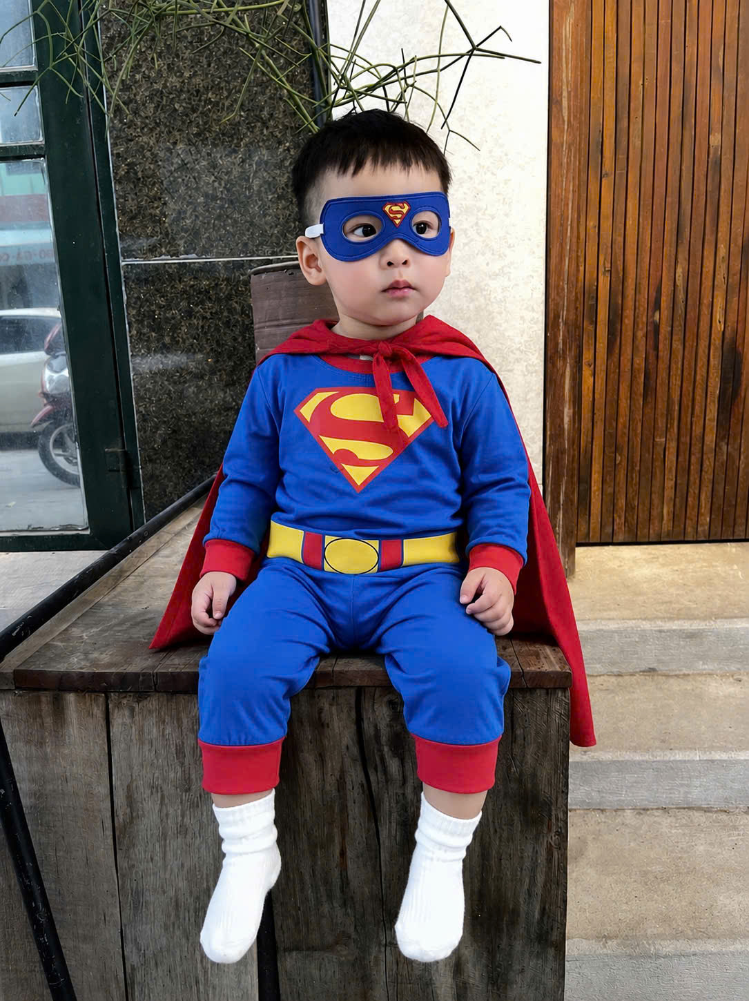 GOM B602 - SET BỘ DÀI TAY SUPER MAN XANH KÈM MẶT NẠ ÁO CHOÀNG