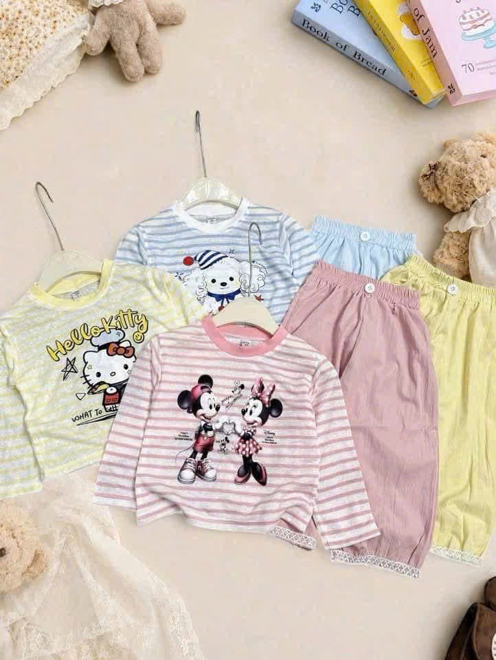 GOM B622 - SET BỘ ÁO KẺ NGANG QUẦN BO MINNIE KITTY CÚN /