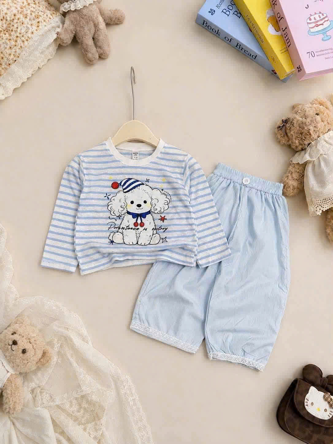 GOM B622 - SET BỘ ÁO KẺ NGANG QUẦN BO MINNIE KITTY CÚN /