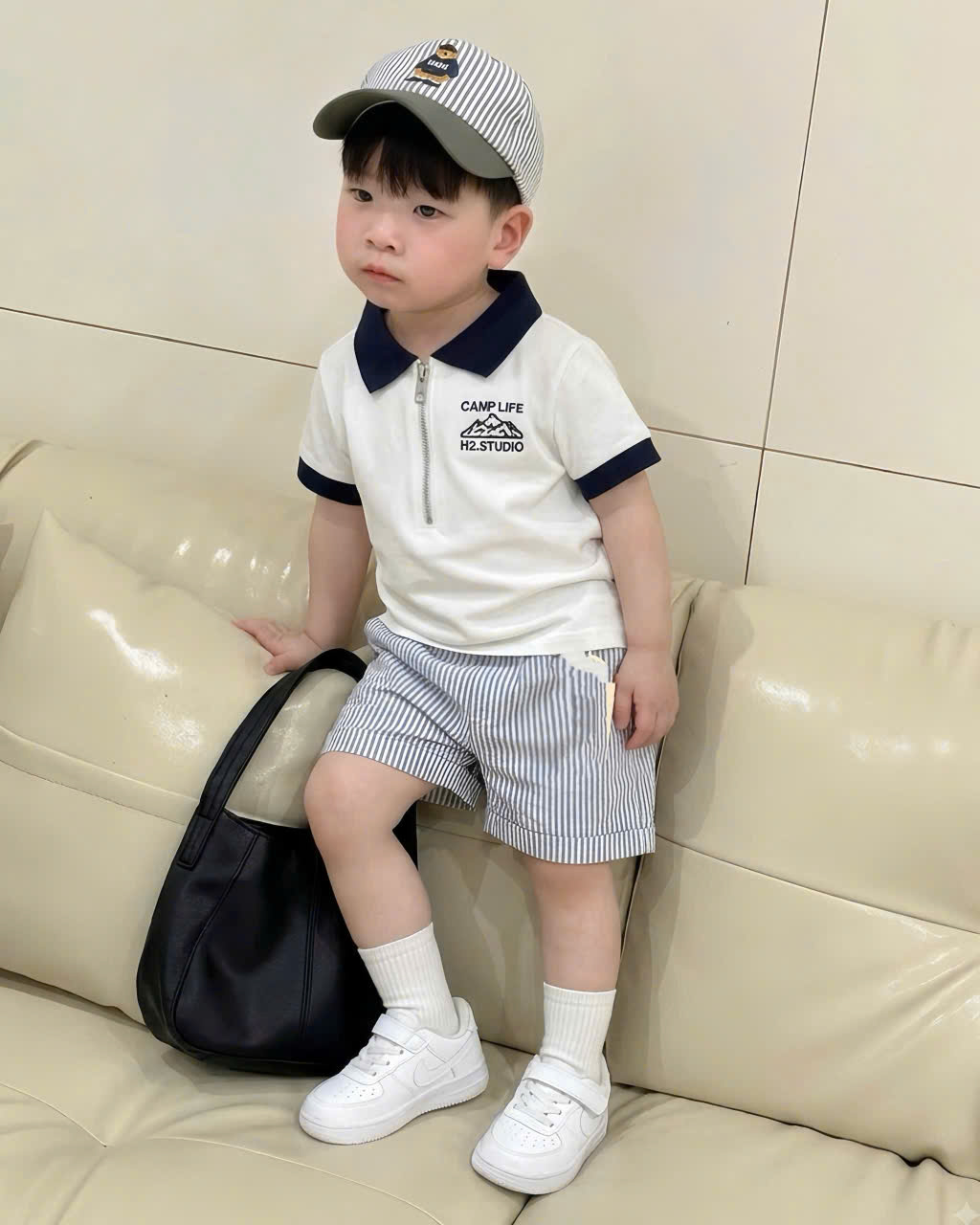 GOM B631 - SET ÁO CỔ POLO QUẦN SỌC XANH KÈM MŨ
