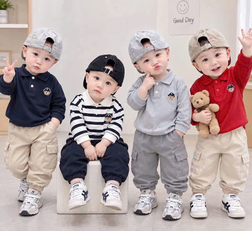 GOM B637 - SET 4 ÁO CỔ BẺ THAN GHI ĐỎ KẺ THÊU GẤU /