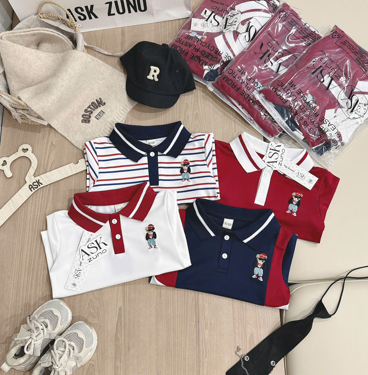 XẢ A267 - SET 4 ÁO POLO GẤU WHO THAN TRẮNG ĐỎ KẺ