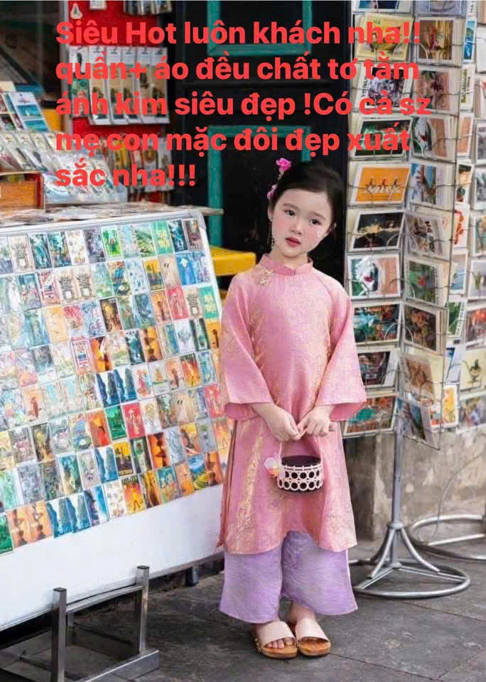 XẢ A291 - ÁO DÀI HỒNG ÁNH TƠ QUẦN TÍM MẸ CON SIZE NHỠ