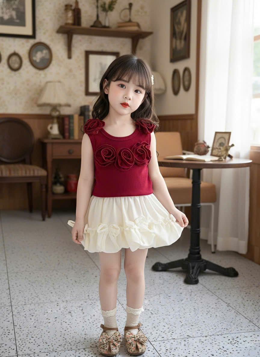 XẢ A309 - ÁO SÁT NÁCH ĐỎ HOA HỒNG QUẦN BÍ ĐŨI KEM