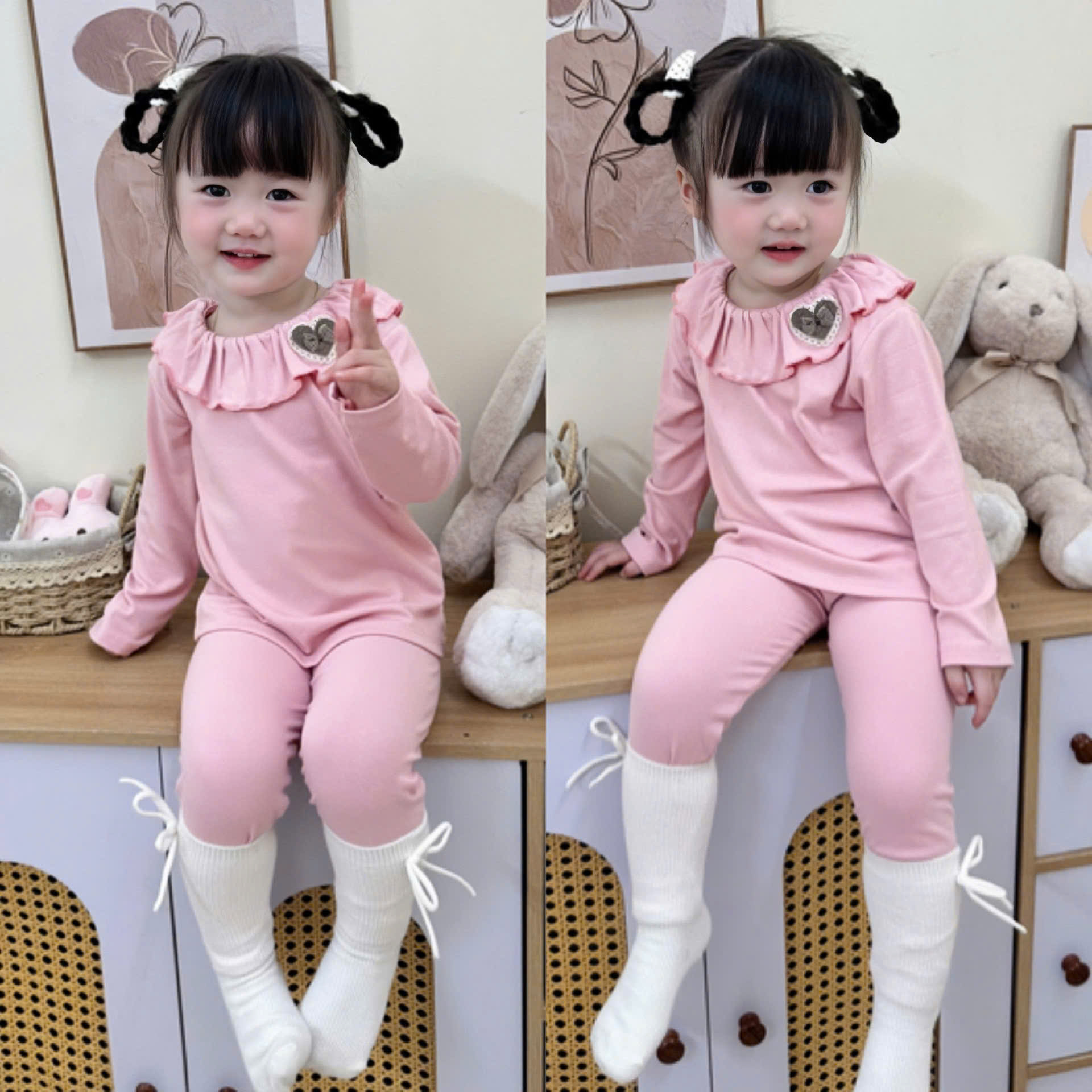 XẢ A418 - SET BỘ ZIP CỔ BÈO HỒNG NÂU NƠ BE CHẤM BI