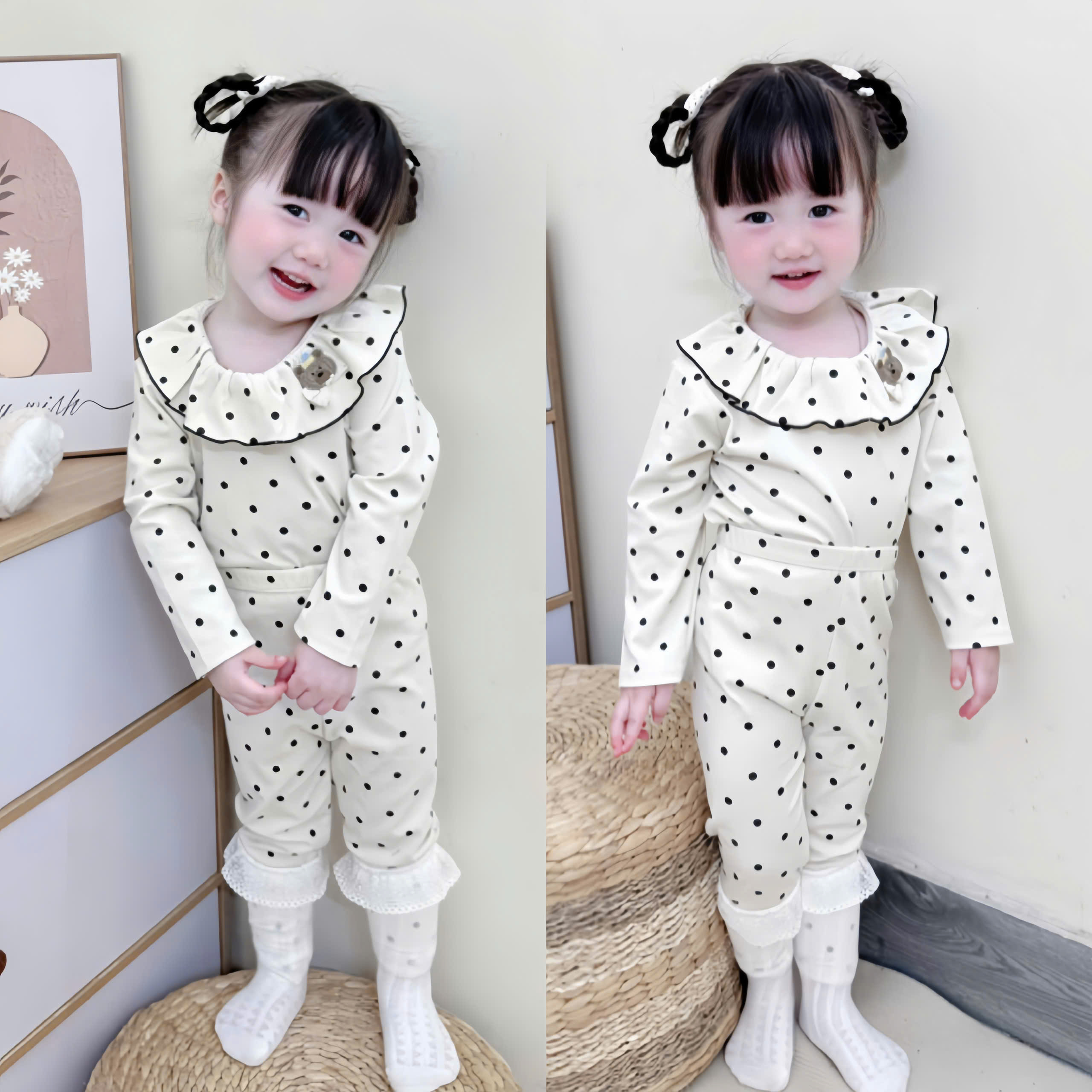 XẢ A418 - SET BỘ ZIP CỔ BÈO HỒNG NÂU NƠ BE CHẤM BI