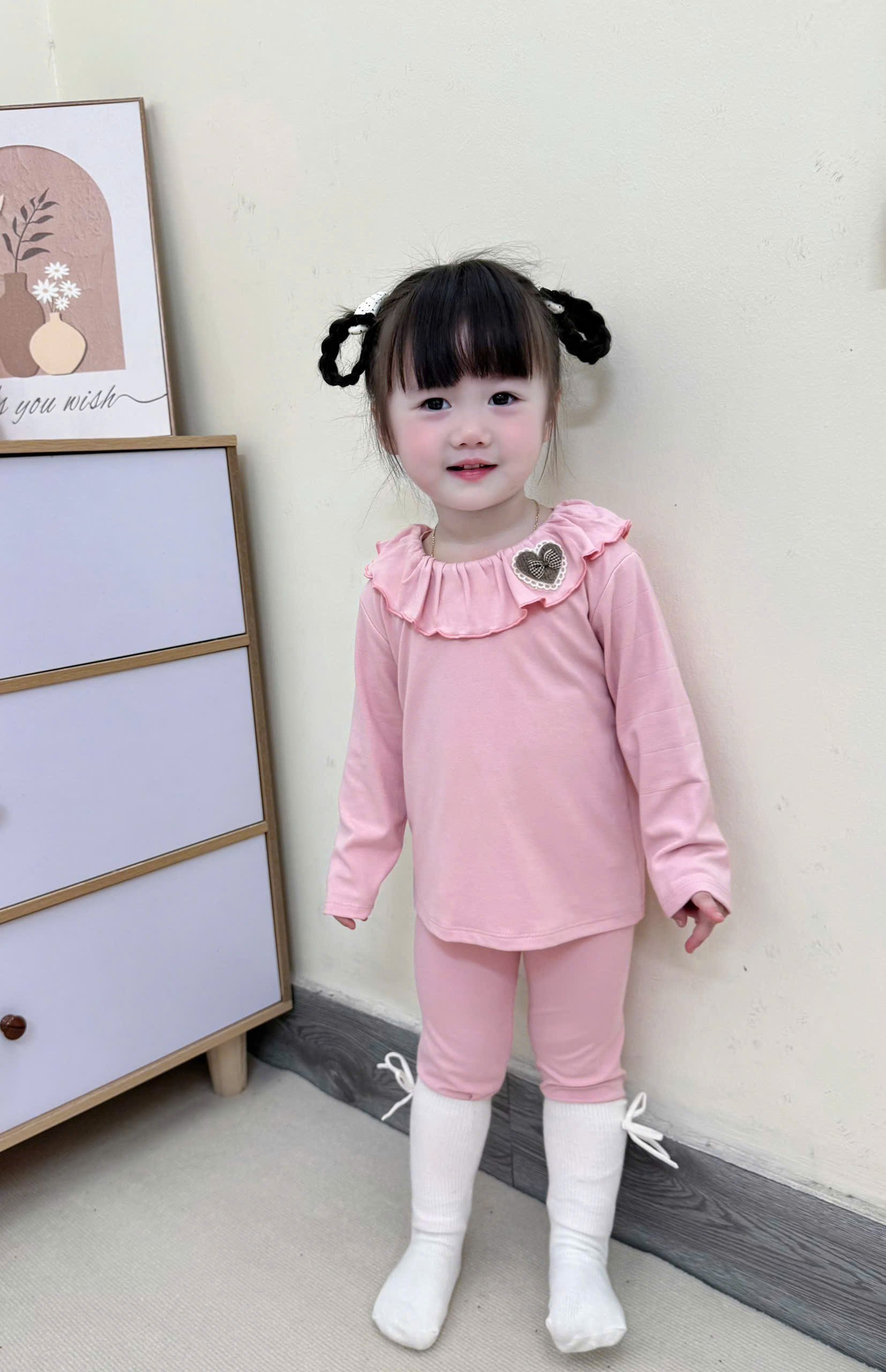 XẢ A418 - SET BỘ ZIP CỔ BÈO HỒNG NÂU NƠ BE CHẤM BI