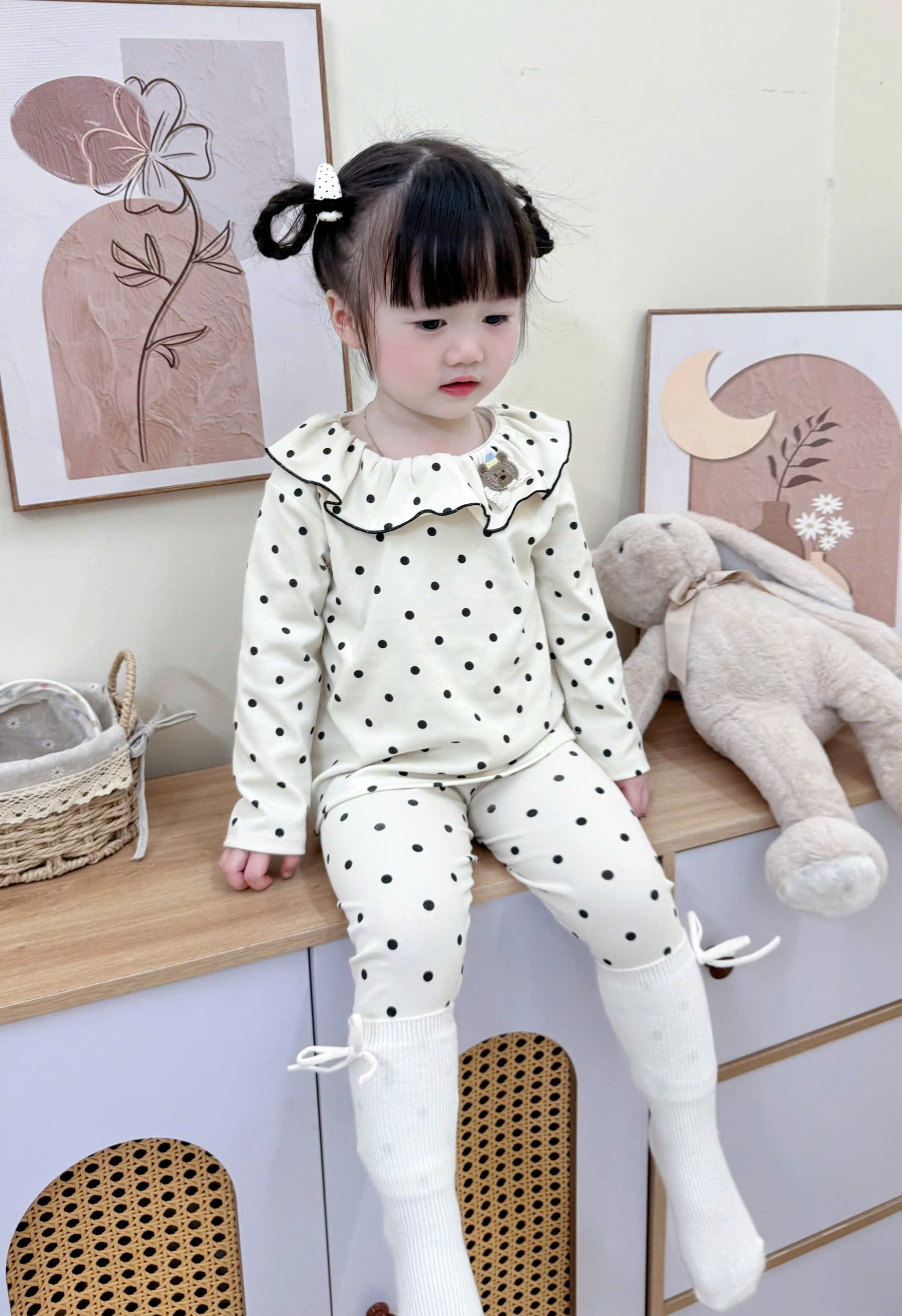 XẢ A418 - SET BỘ ZIP CỔ BÈO HỒNG NÂU NƠ BE CHẤM BI