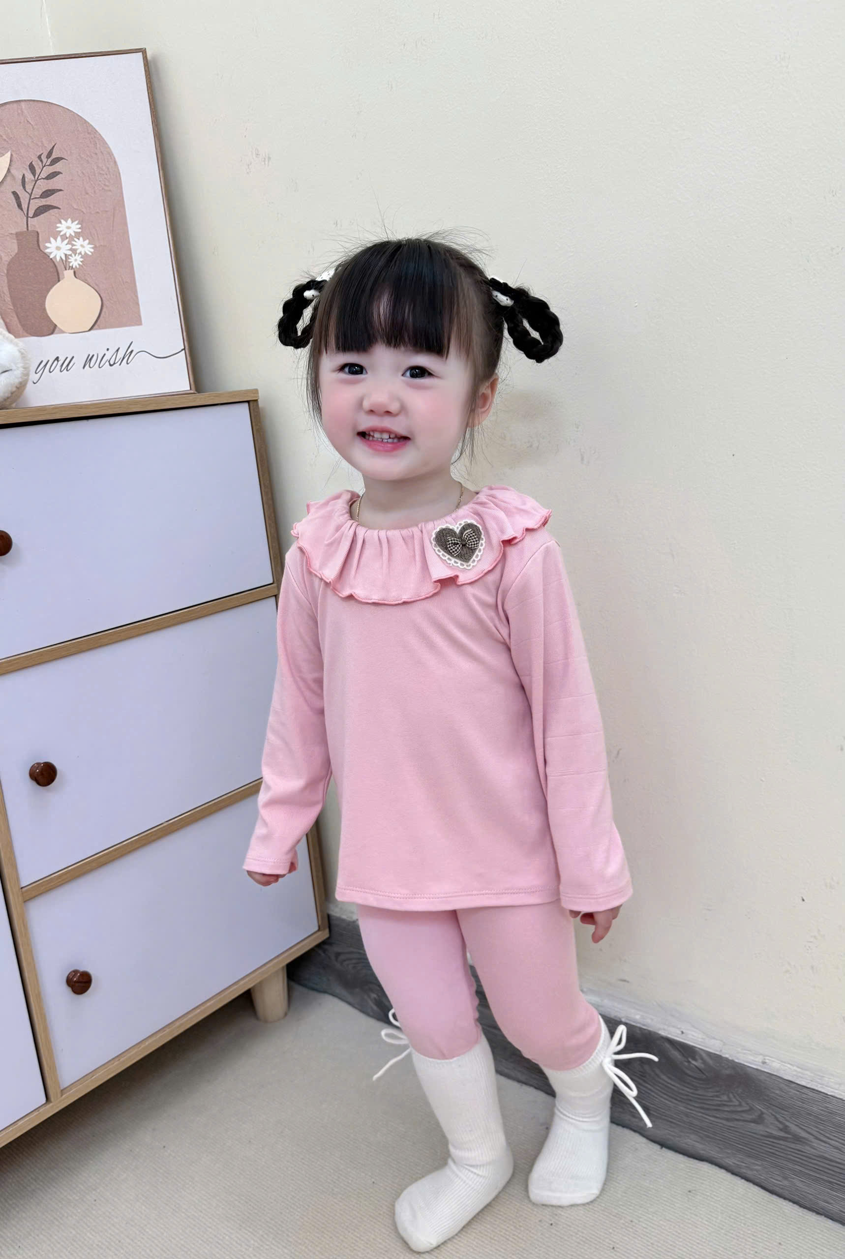 XẢ A418 - SET BỘ ZIP CỔ BÈO HỒNG NÂU NƠ BE CHẤM BI