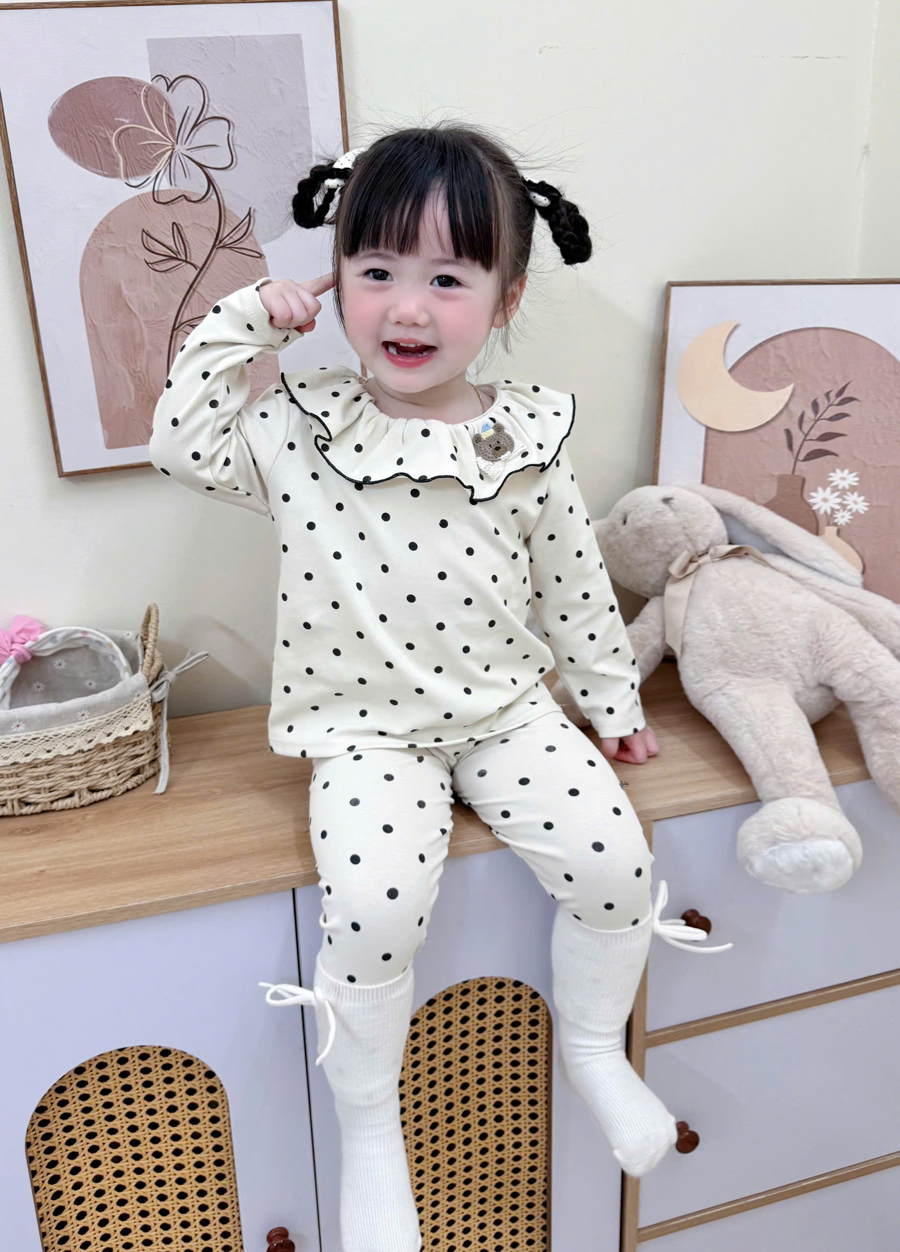 XẢ A418 - SET BỘ ZIP CỔ BÈO HỒNG NÂU NƠ BE CHẤM BI