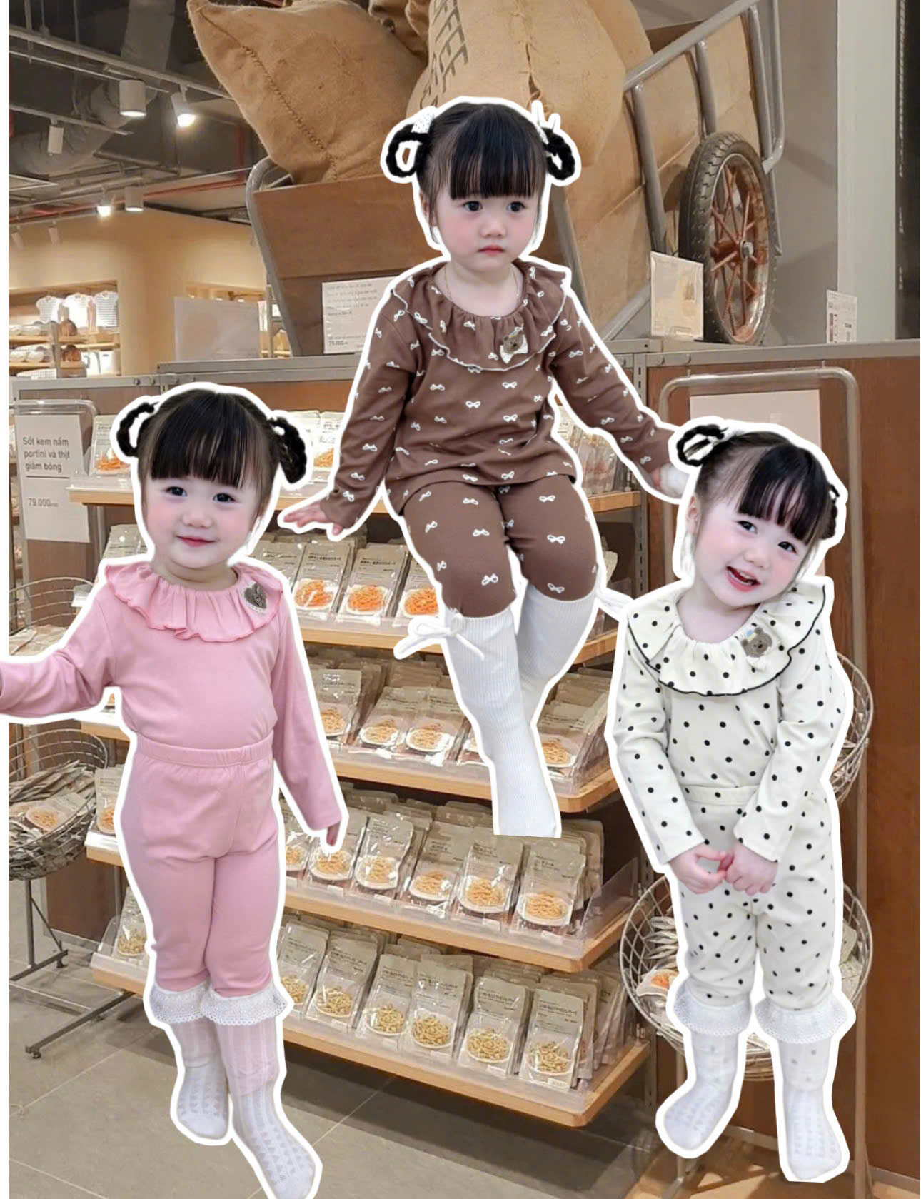XẢ A418 - SET BỘ ZIP CỔ BÈO HỒNG NÂU NƠ BE CHẤM BI