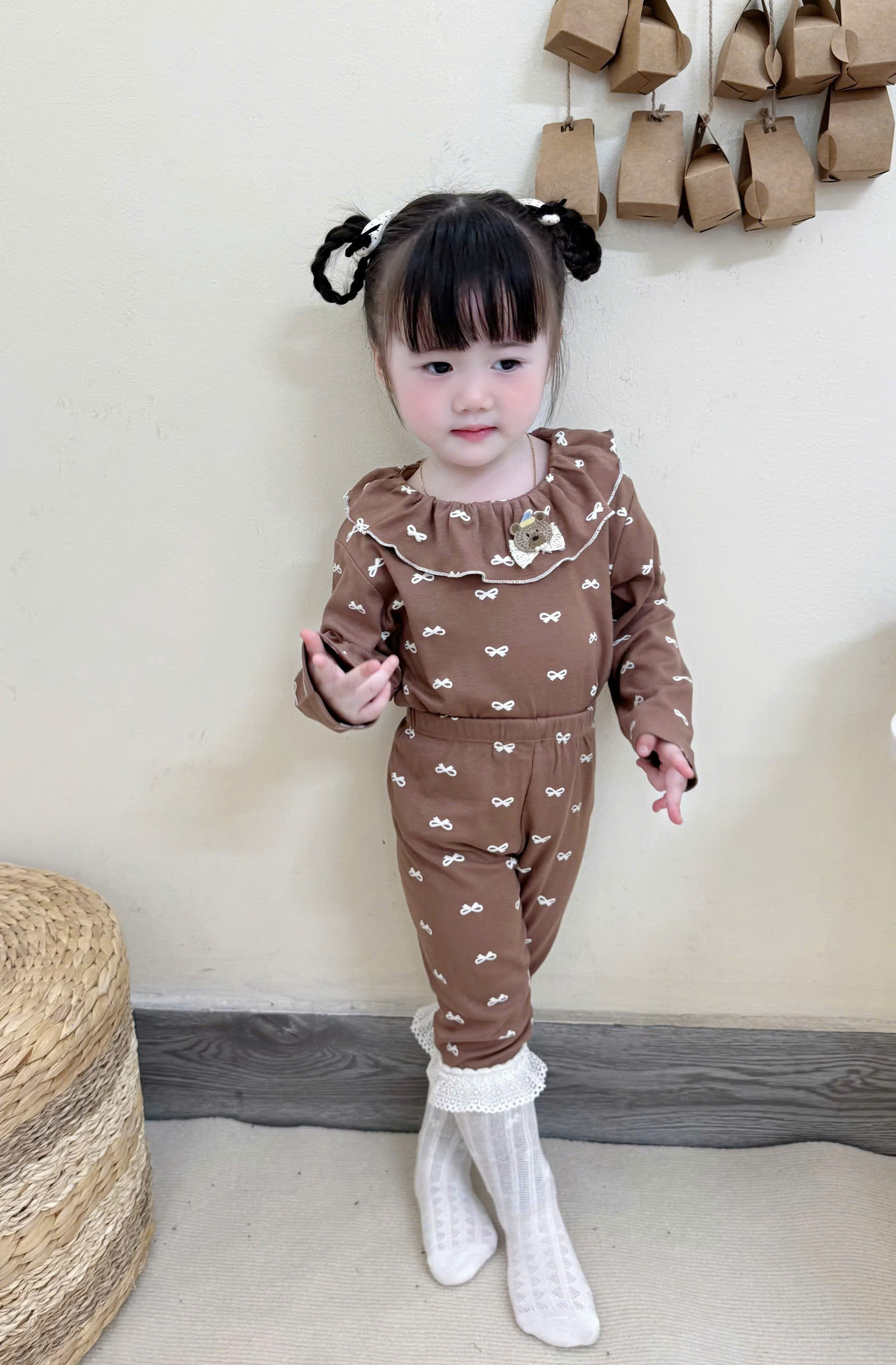 XẢ A418 - SET BỘ ZIP CỔ BÈO HỒNG NÂU NƠ BE CHẤM BI