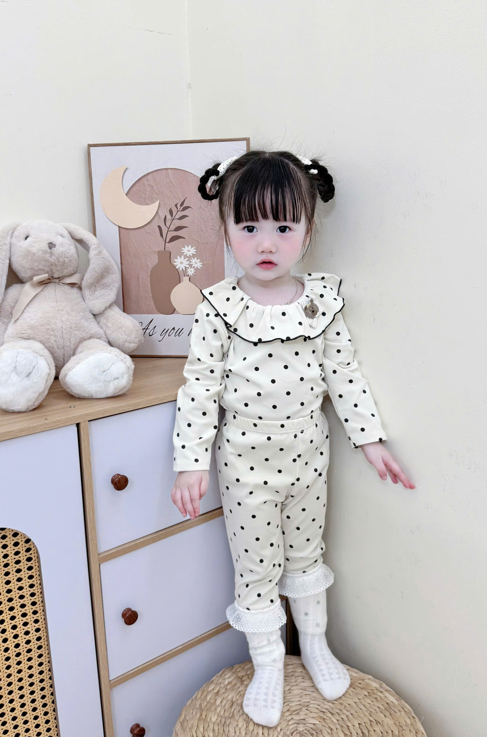 XẢ A418 - SET BỘ ZIP CỔ BÈO HỒNG NÂU NƠ BE CHẤM BI
