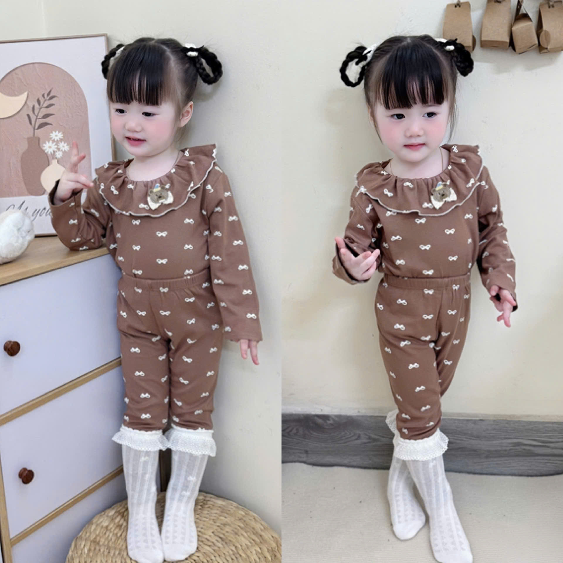 XẢ A418 - SET BỘ ZIP CỔ BÈO HỒNG NÂU NƠ BE CHẤM BI