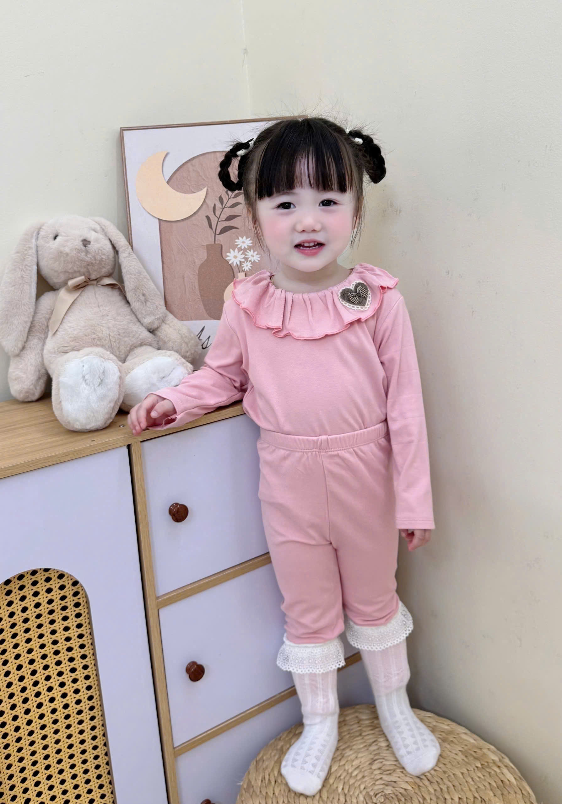 XẢ A418 - SET BỘ ZIP CỔ BÈO HỒNG NÂU NƠ BE CHẤM BI