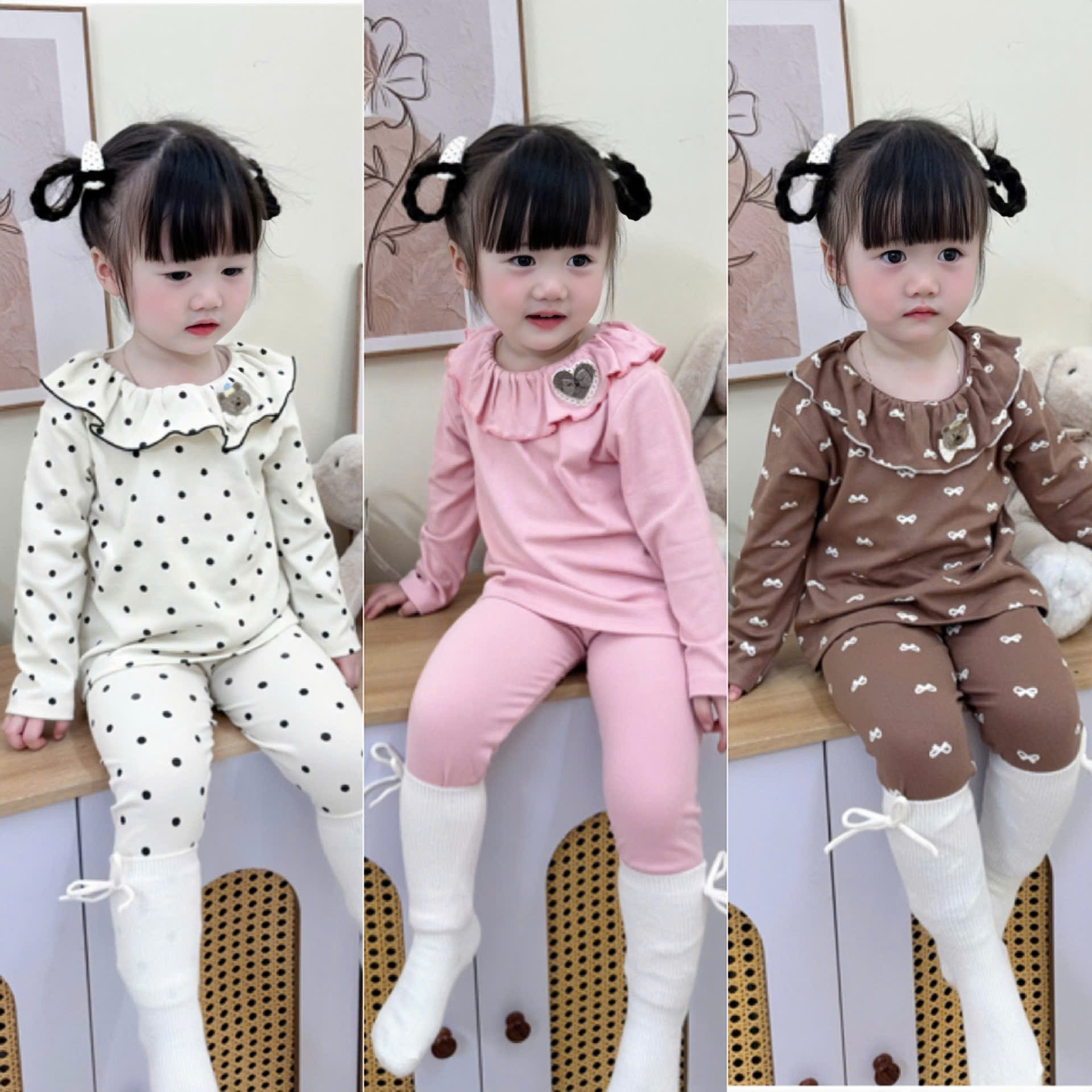 XẢ A418 - SET BỘ ZIP CỔ BÈO HỒNG NÂU NƠ BE CHẤM BI