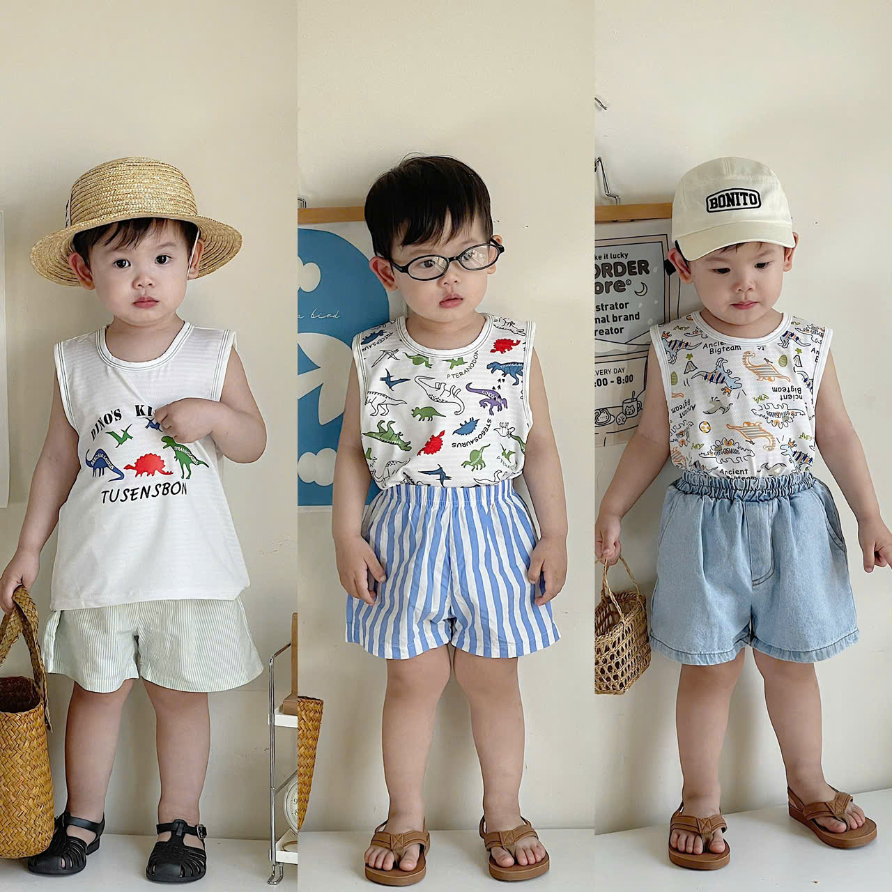 XẢ A990 - SET 3 ÁO BA LỖ KHỦNG LONG XƯỚC TONE TRẮNG