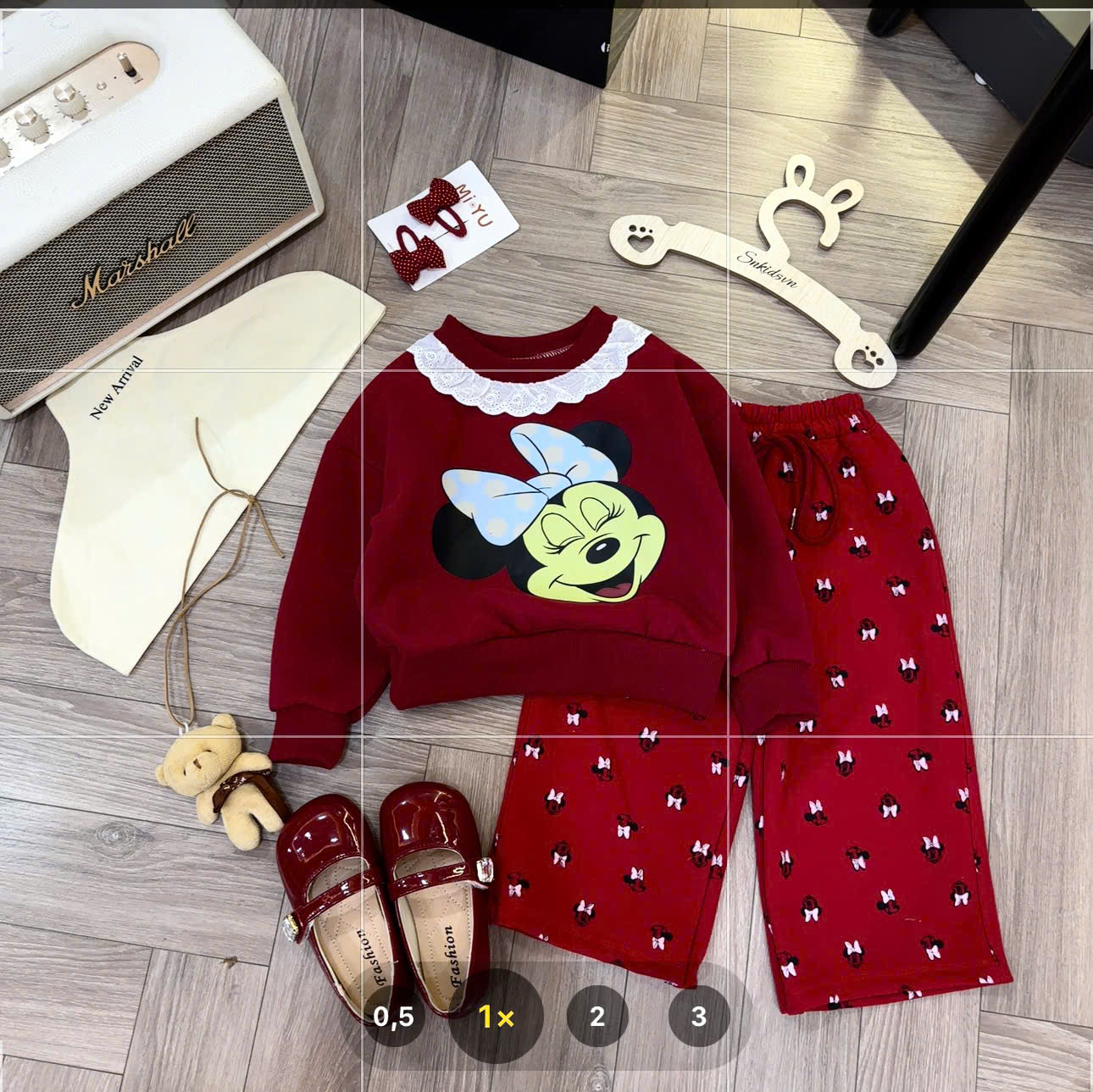 B04 - SET NỈ ĐỎ MICKEY VIỀN CỔ REN TRẮNG QUẦN IN NHÍ