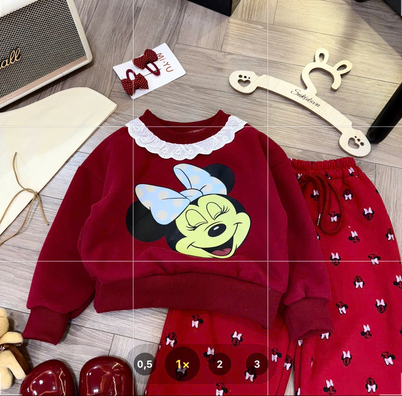 B04 - SET NỈ ĐỎ MICKEY VIỀN CỔ REN TRẮNG QUẦN IN NHÍ