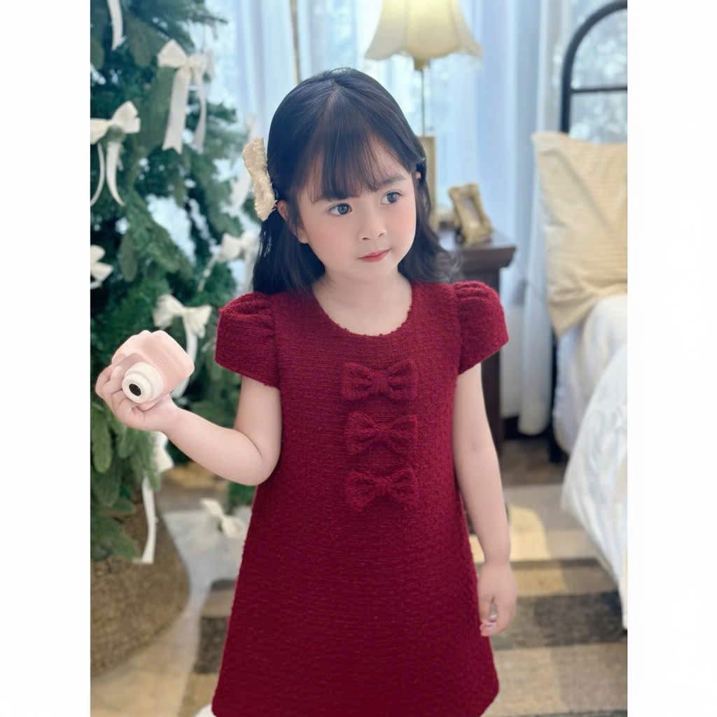 XẢ B164 - VÁY DẠ ÉP TWEED ĐÍNH 3 NƠ
