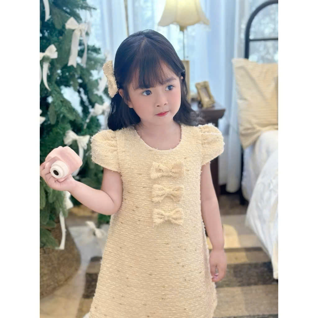 XẢ B164 - VÁY DẠ ÉP TWEED ĐÍNH 3 NƠ