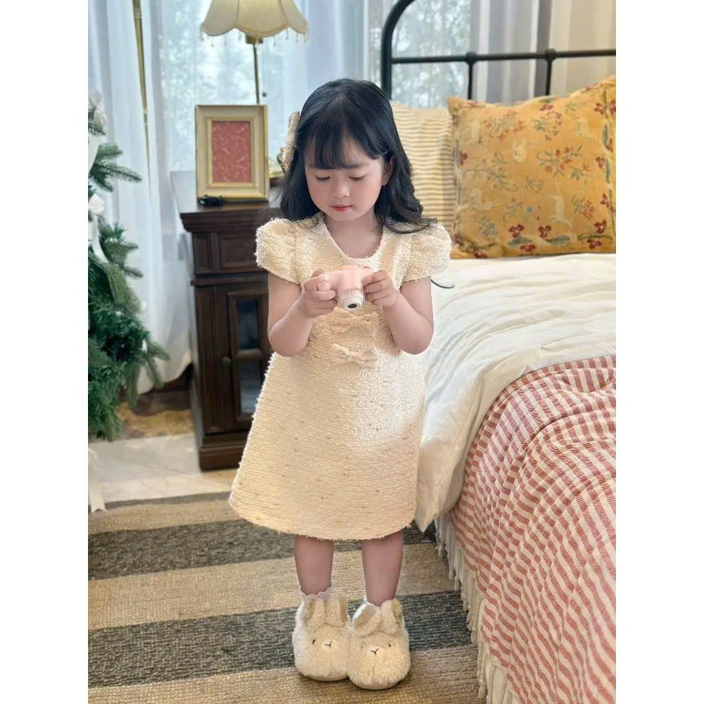 XẢ B164 - VÁY DẠ ÉP TWEED ĐÍNH 3 NƠ