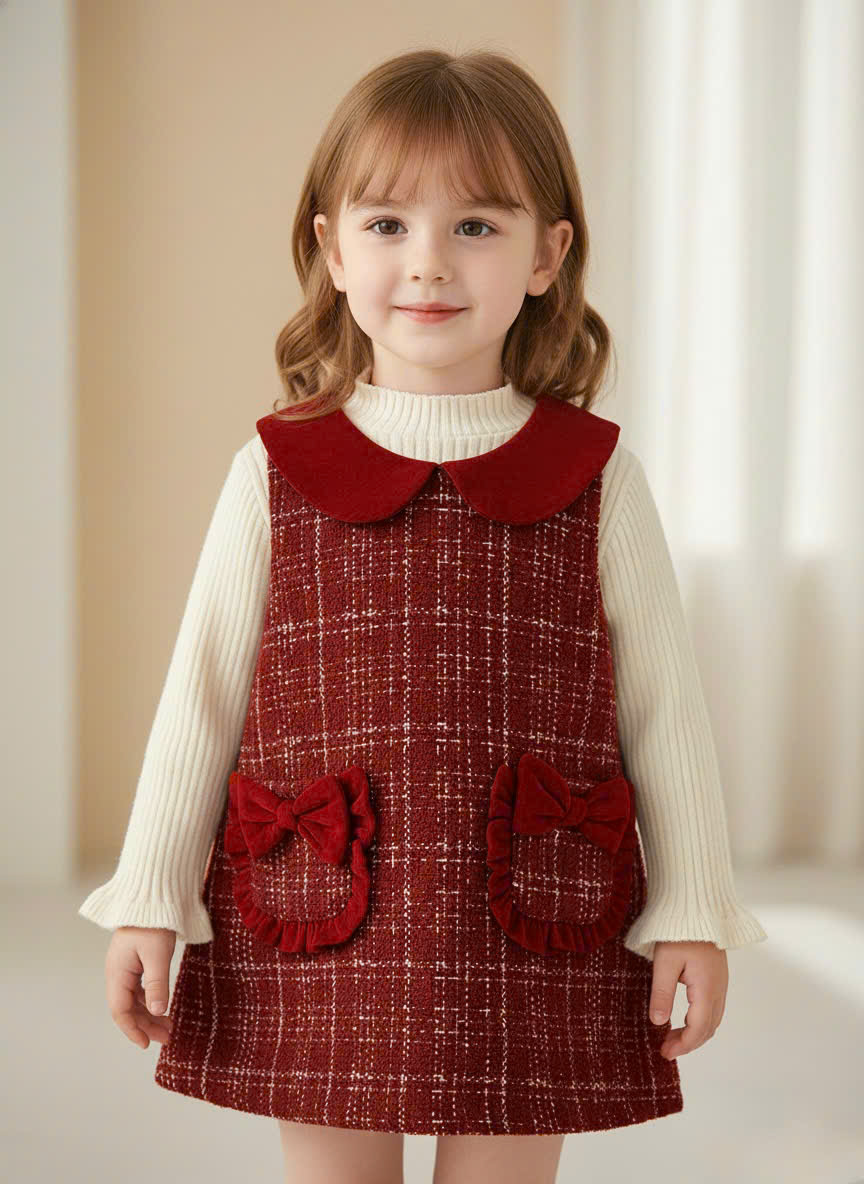 B172 - SET VÁY DẠ TWEED ĐỎ KÈM ÁO TÚI BÈO NƠ 2 BÊN