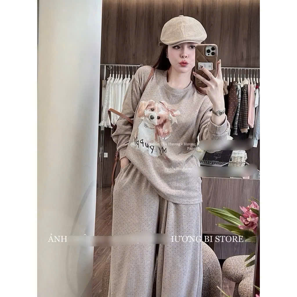 B208 - SET NỮ CHẤM BI CÚN BUỘC NƠ ĐỎ BE