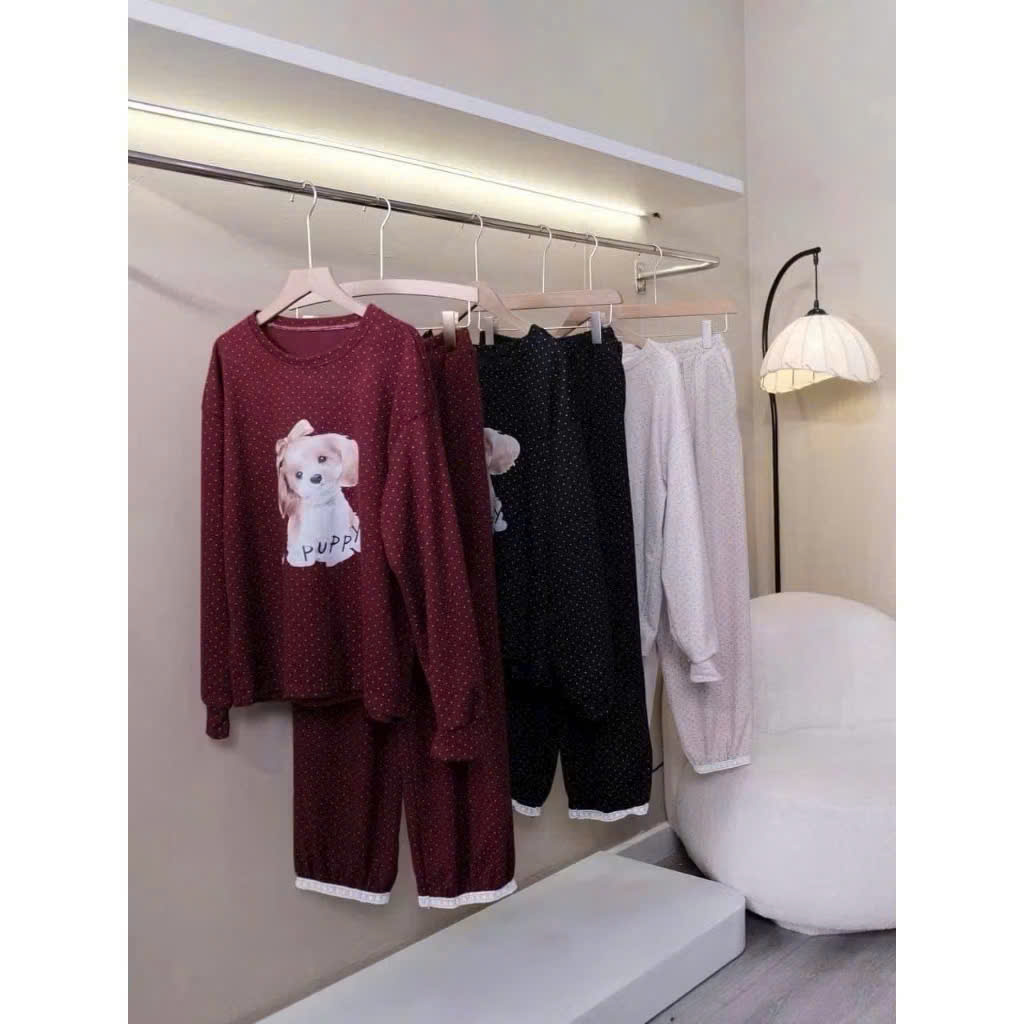 B208 - SET NỮ CHẤM BI CÚN BUỘC NƠ ĐỎ BE
