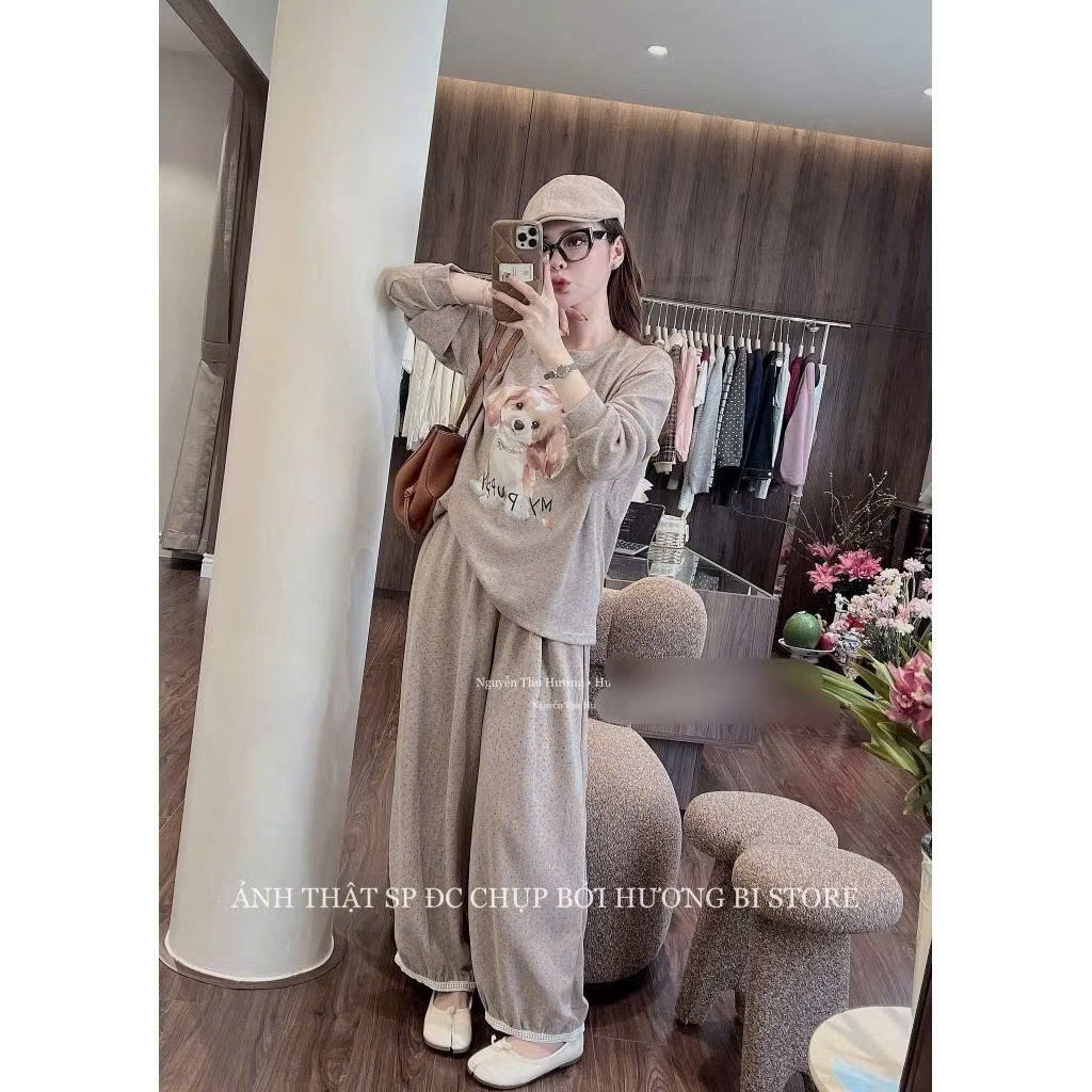 B208 - SET NỮ CHẤM BI CÚN BUỘC NƠ ĐỎ BE