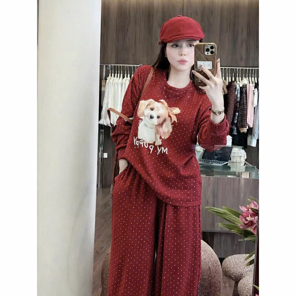 B208 - SET NỮ CHẤM BI CÚN BUỘC NƠ ĐỎ BE