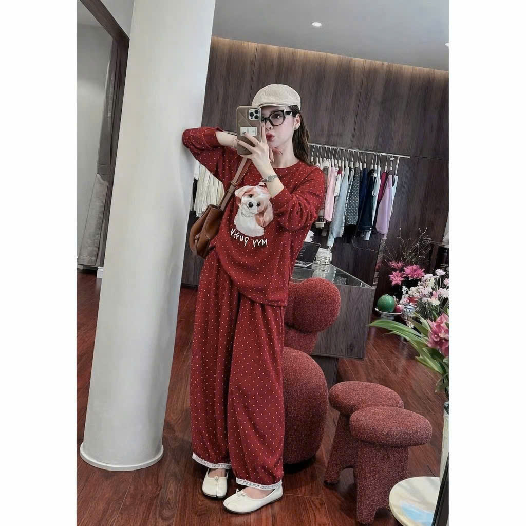 B208 - SET NỮ CHẤM BI CÚN BUỘC NƠ ĐỎ BE