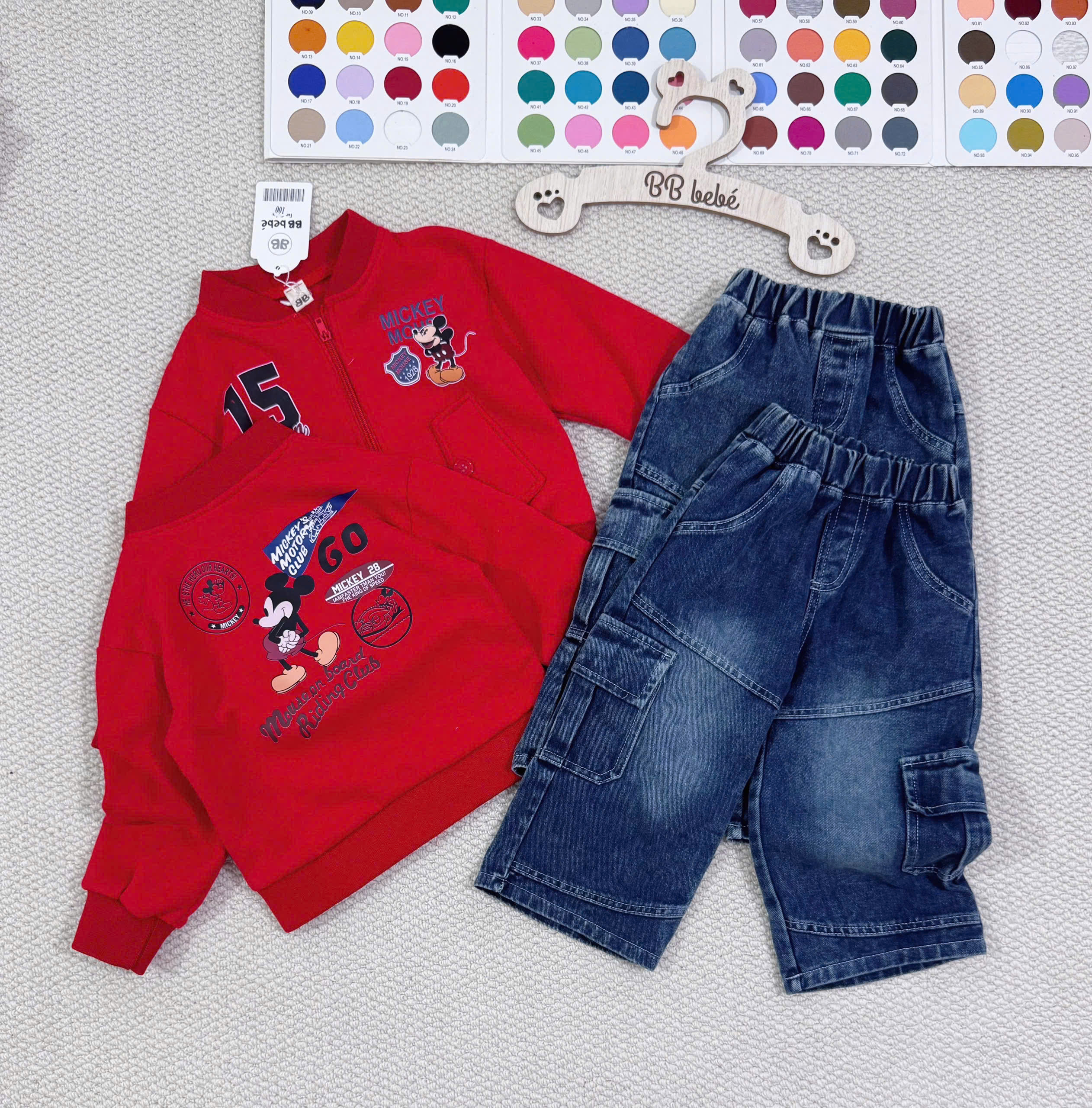 XẢ B510 - SET ÁO NỈ KÉO KHÓA MICKY ĐỎ QUẦN JEAN