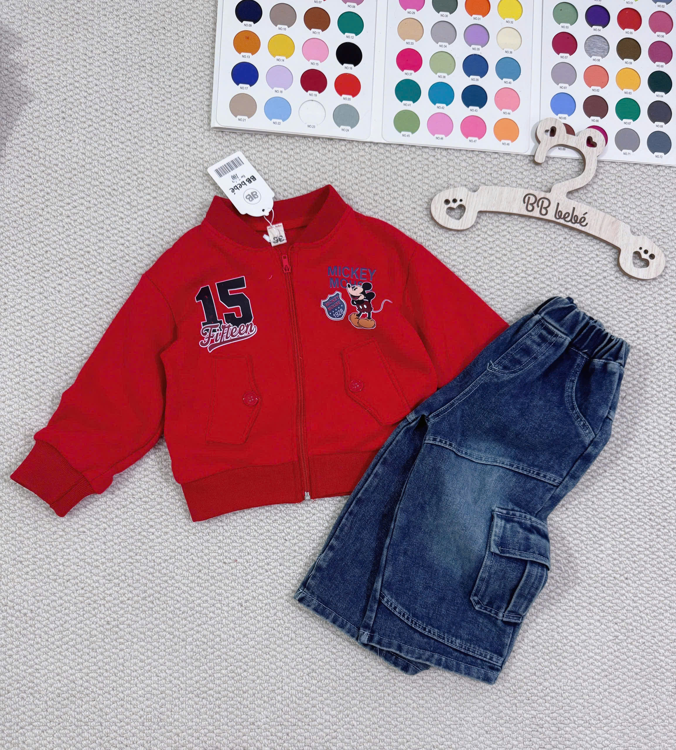 XẢ B510 - SET ÁO NỈ KÉO KHÓA MICKY ĐỎ QUẦN JEAN