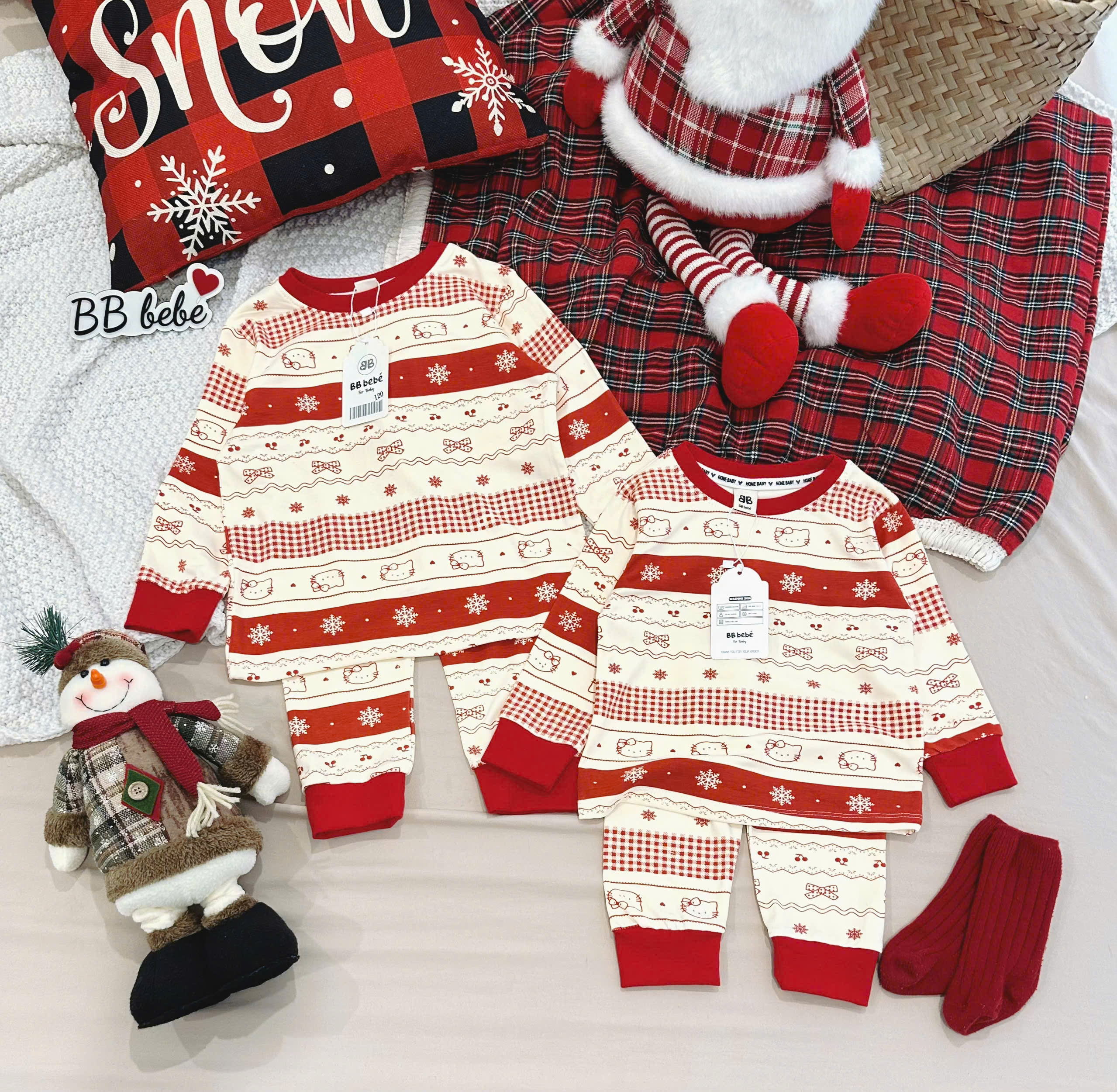 B520 - SET BỘ ZIP NOEL BÔNG TUYẾT KITTY PHỐI BE ĐỎ