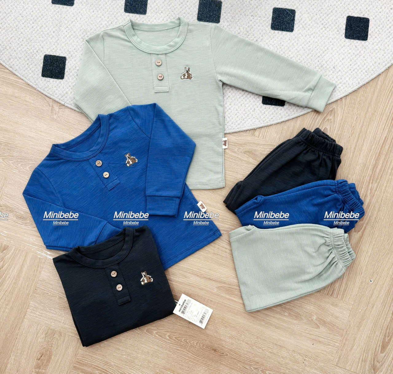 B820 - SET 3 BỘ GẤU GHI XANH NAVY MINT