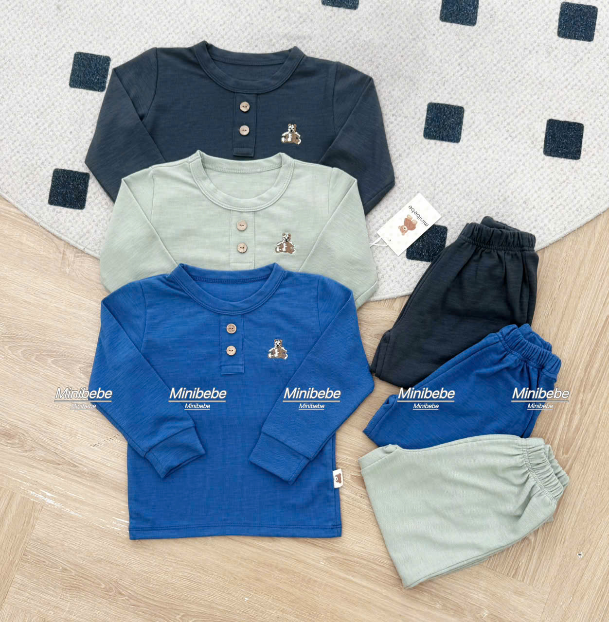 B820 - SET 3 BỘ GẤU GHI XANH NAVY MINT