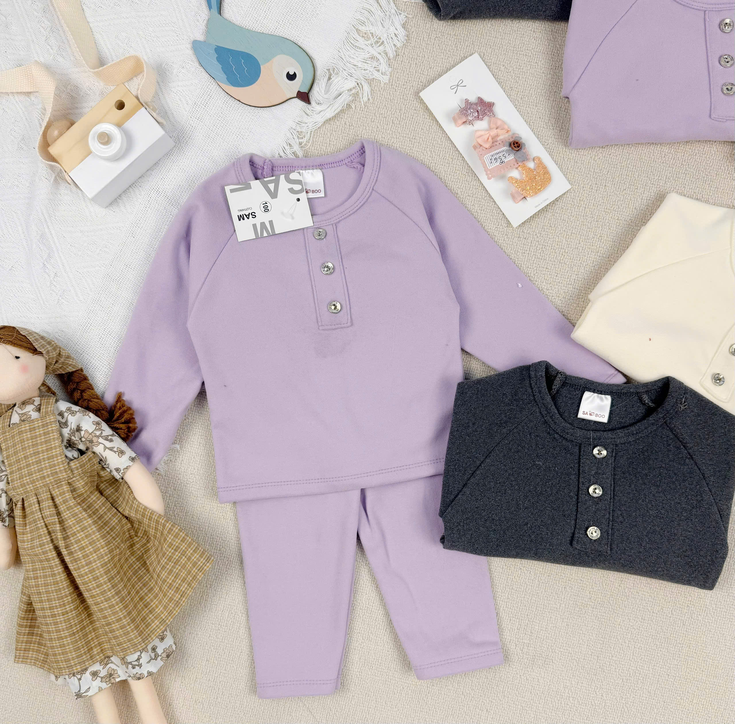 B894 - SET 3 BỘ ZIP LÔNG TÍM KEM GHI TỐI