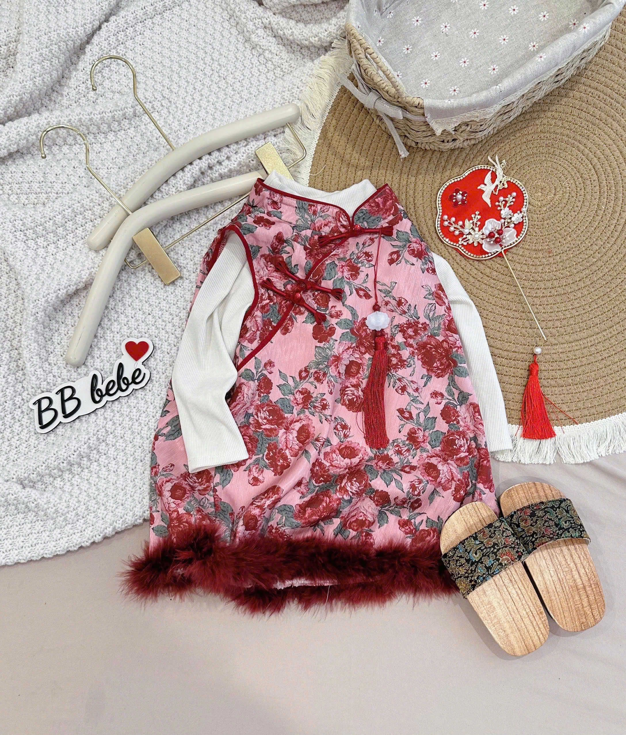 XẢ B987 - SET SƯỜN XÁM HỒNG PHỐI ĐỎ KÈM ÁO GIỮ NHIỆT