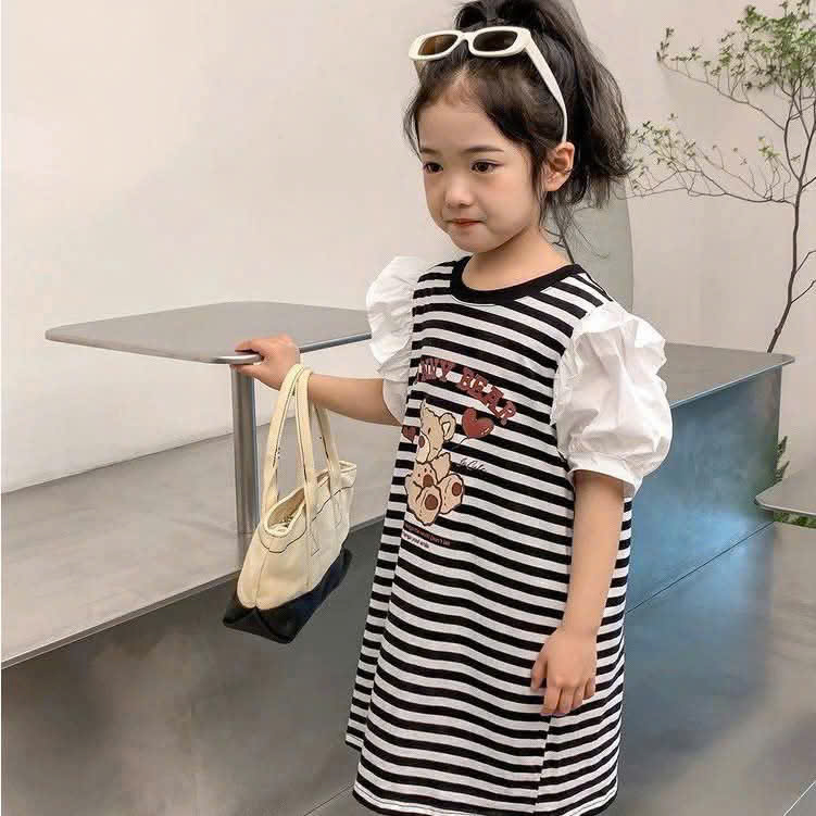 XẢ B994 - VÁY GẤU KẺ SỌC ĐEN TRẮNG TAY SƠ MI BÈO