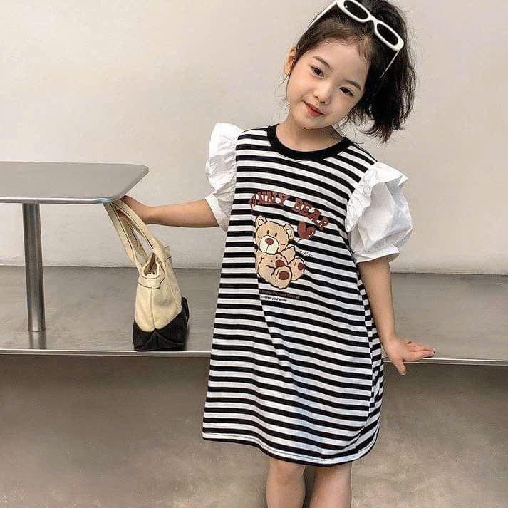 XẢ B994 - VÁY GẤU KẺ SỌC ĐEN TRẮNG TAY SƠ MI BÈO