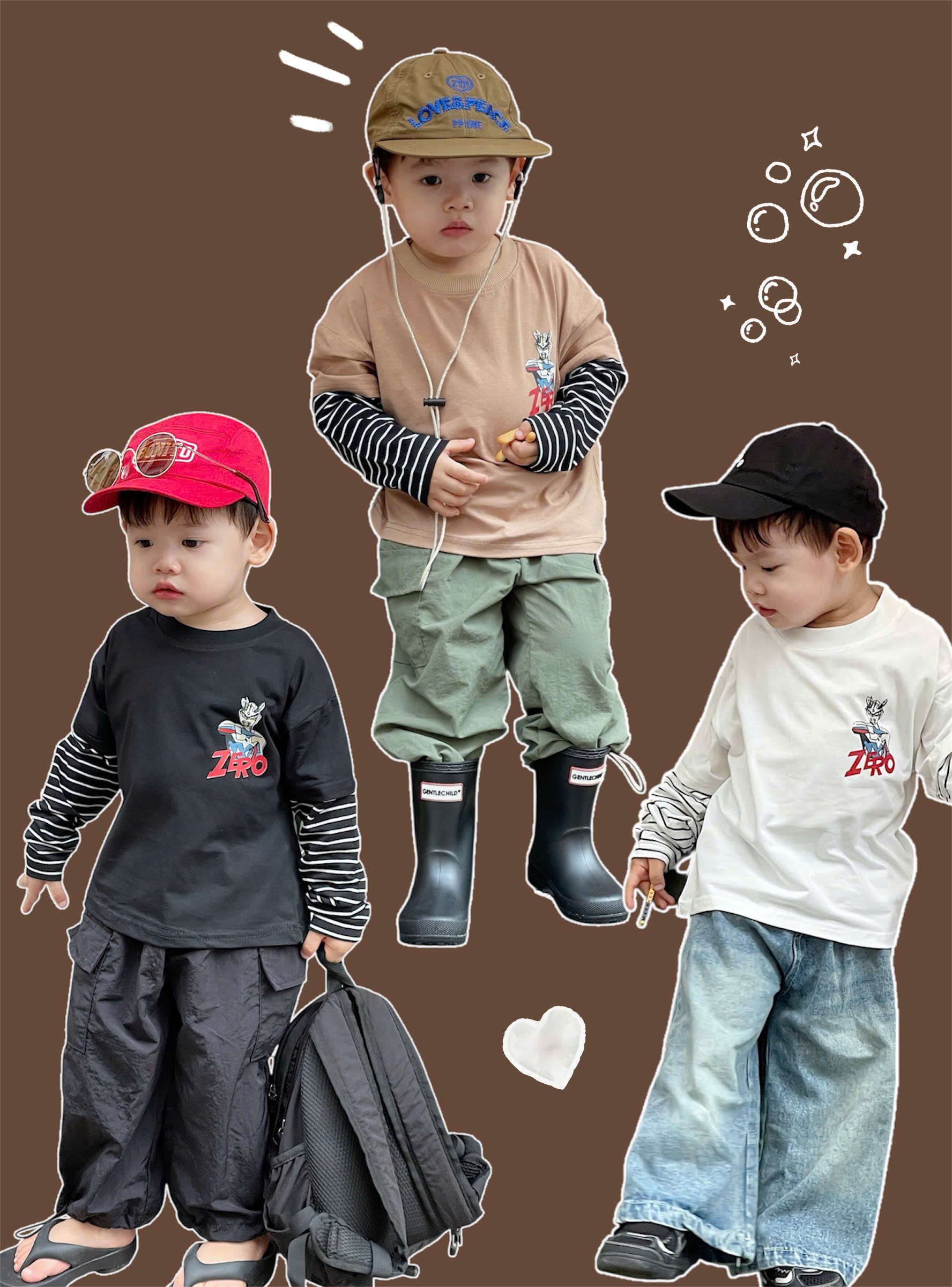 XẢ C312 - SET 3 ÁO DÀI TAY SIÊU NHÂN HERO NÂU ĐEN TRẮNG